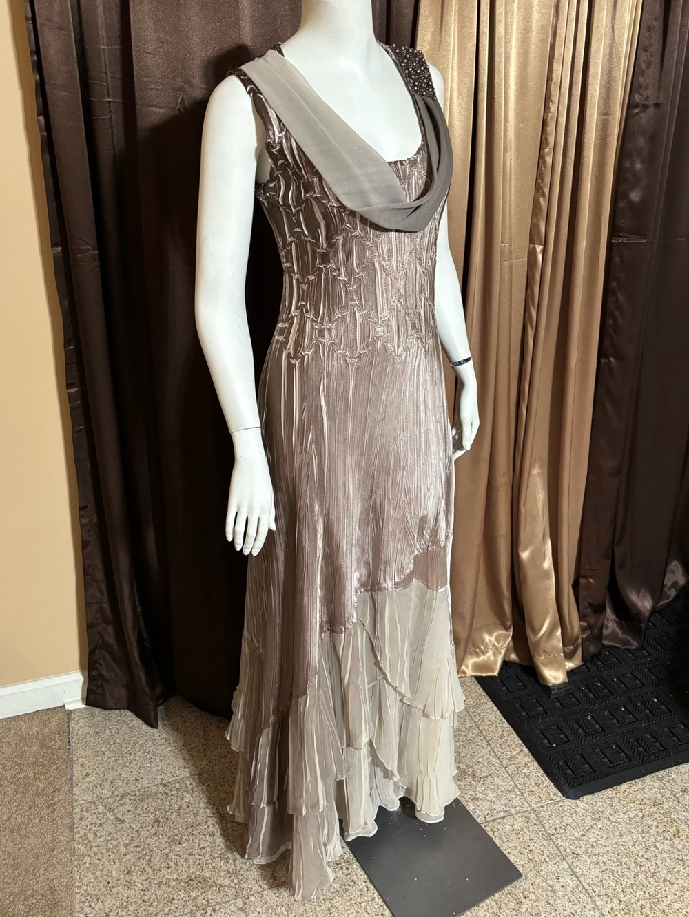 Black Komarov Elegant Taupe Layered Evening Dress with Draped Neckline